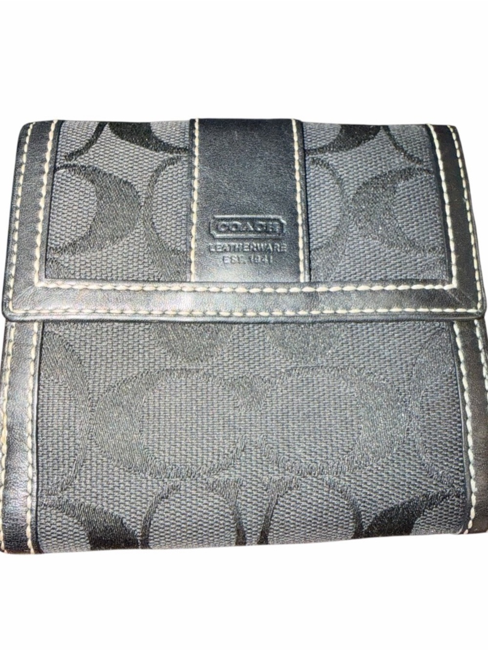 Coach Signature Black Jacquard Leather Trim Snap Wallet Bifold